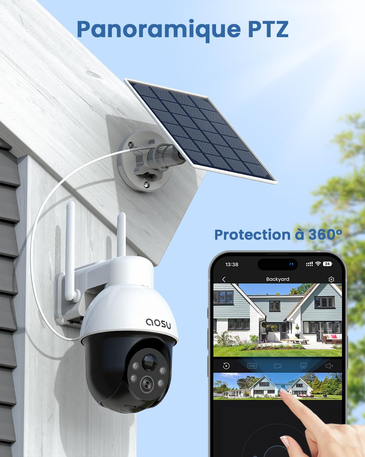 aosu 3K Caméra Surveillance WiFi Exterieure sans Fil, 5MP Camera Exterieur Solaire, 360° PTZ Suivi Automatique Détection IA Personne/Véhicule, Vision Nocturne Couleurs Alarme Lumineuse/Sonore 2 Pièce