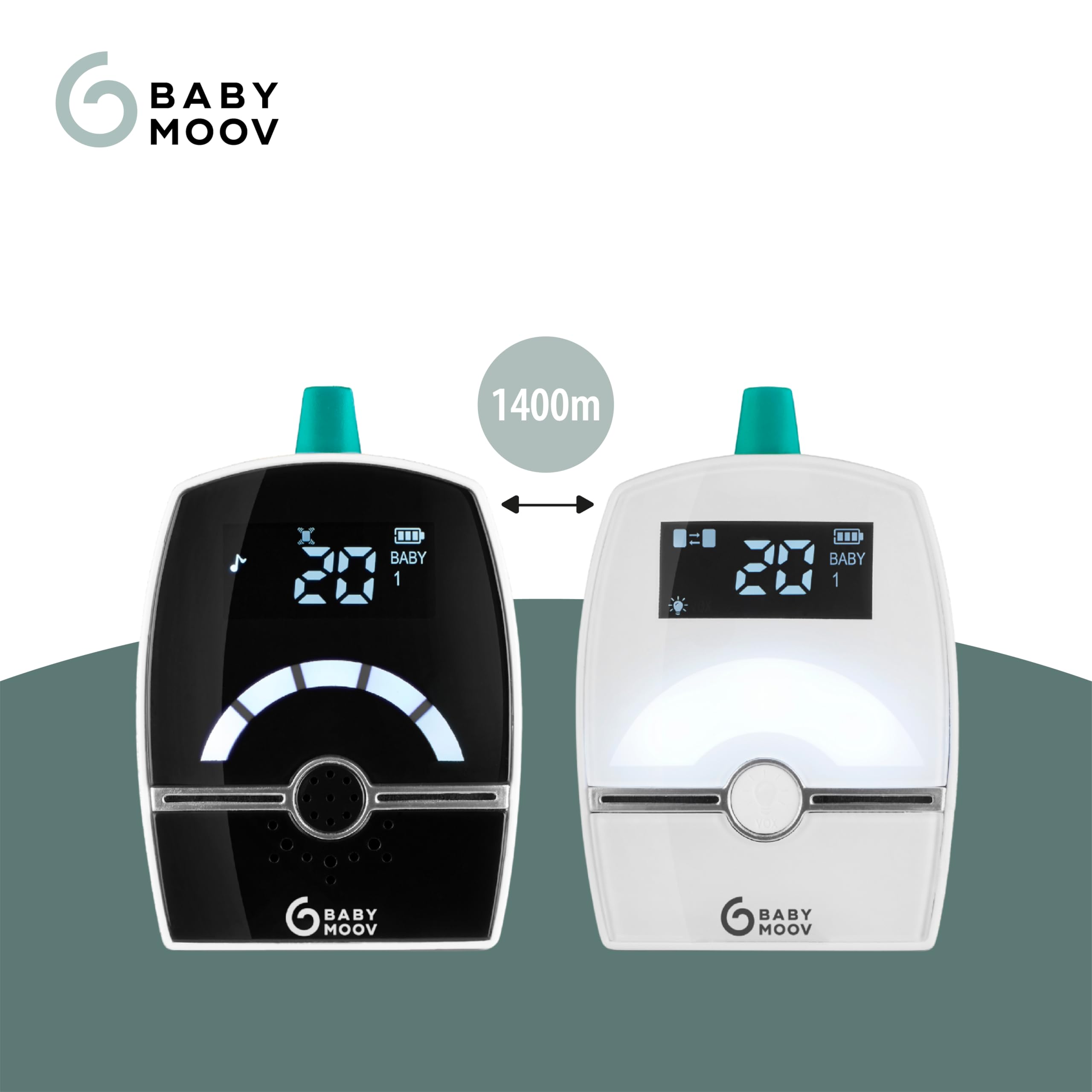 Babymoov Babyphone Audio Premium Care, Faible Emission d'Ondes avec Détecteur de Mouvement, Portée 1400m, Veilleuse, Berceuses, Capteur de Température, Talkie-Walkie