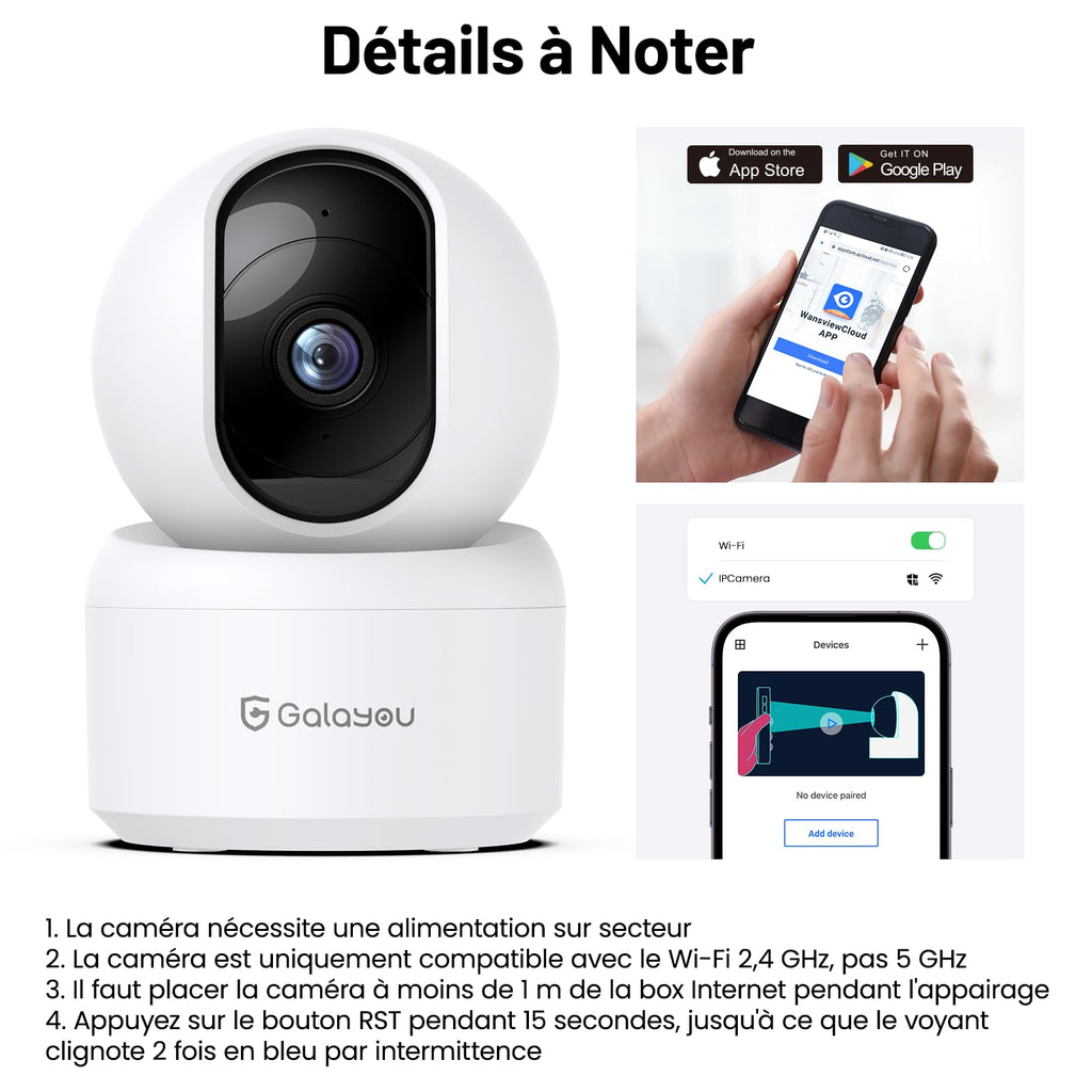 GALAYOU 2K(3MP) Camera Surveillance WiFi Intérieure - Caméra Interieur Maison 360°, Détection Humaine AI, Suivi Intelligent pour Bebe/Chien/Chat/Animaux, Alerte Instantanée G2 (Lot de 2)