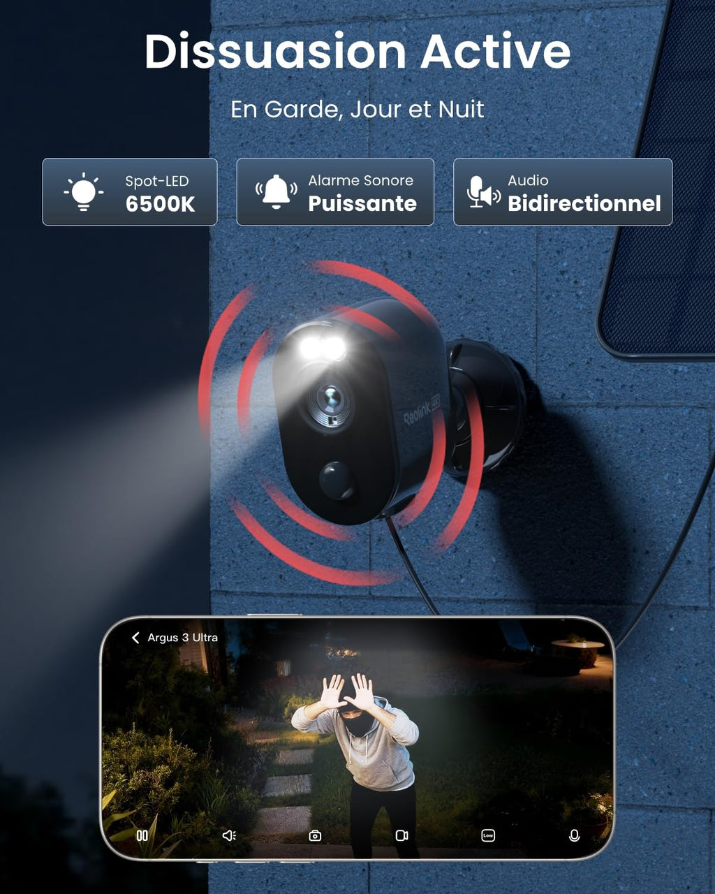 Reolink 4K Caméra Surveillance WiFi Exterieure sans Fil, Détection de Personne/Véhicule/Animal, WiFi 2,4/5 GHz, Vision Nocturne en Couleur, Audio Bidirectionnel, Argus 3 Ultra+Panneau Solaire Noir