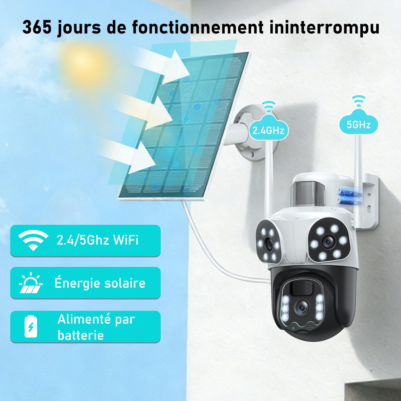 4K Camera Surveillance WiFi Exterieure sans Fil,à triple objectif/Camera Solaire/Batterie,2.4/5G WIFI,360° PTZ Sécurité à Domicile,Vision Vocturne,Alarme,Audio Bidirectionnel,Suivi Automatique,8MP HD