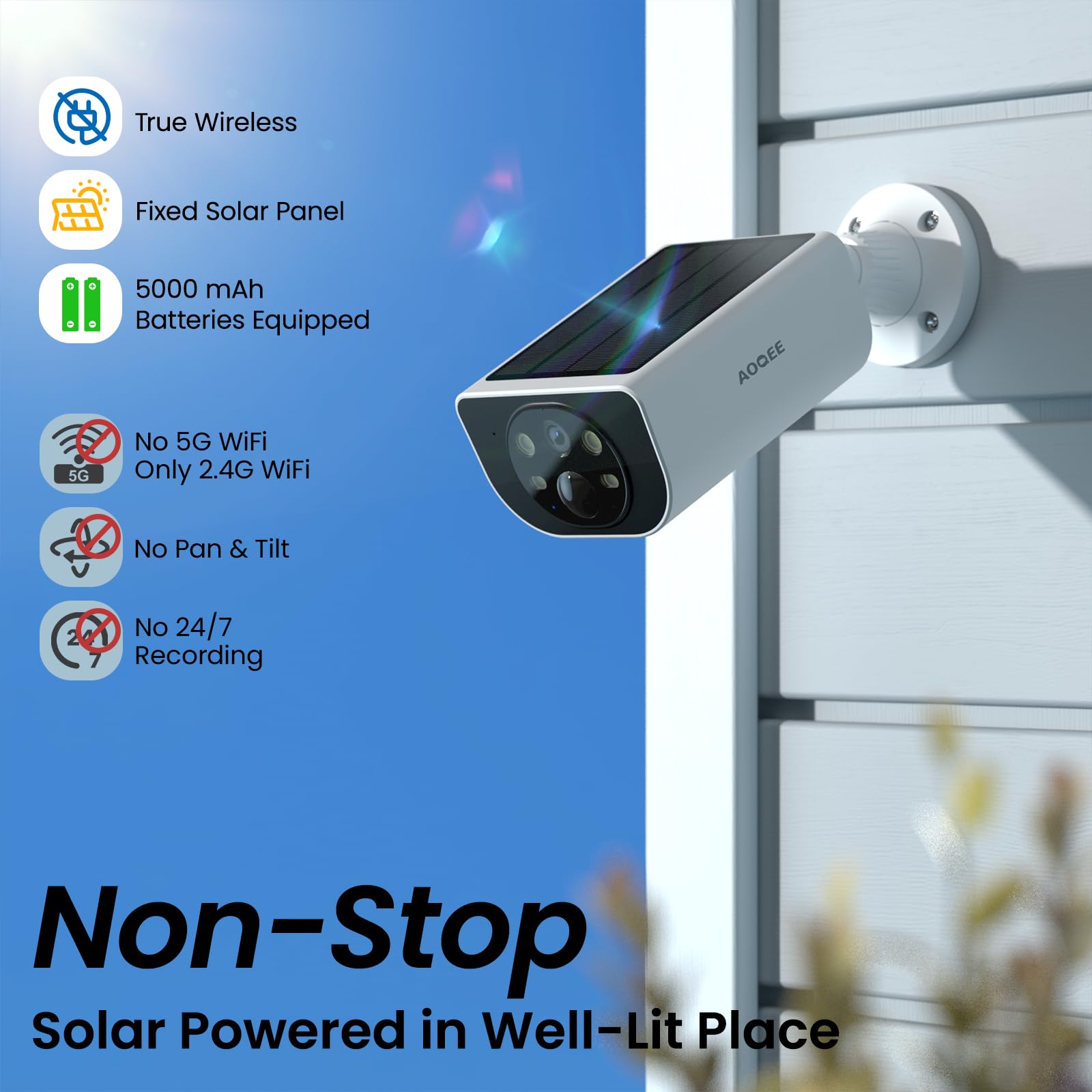 AOQEE Camera Surveillance WiFi Exterieure sans Fil - 2K Camera Exterieur Batterie Panneau Solaire intégré, Étanche IP65, PIR détection, Détection Humaine AI, Vision Nocturne Couleur, Compatible Alexa