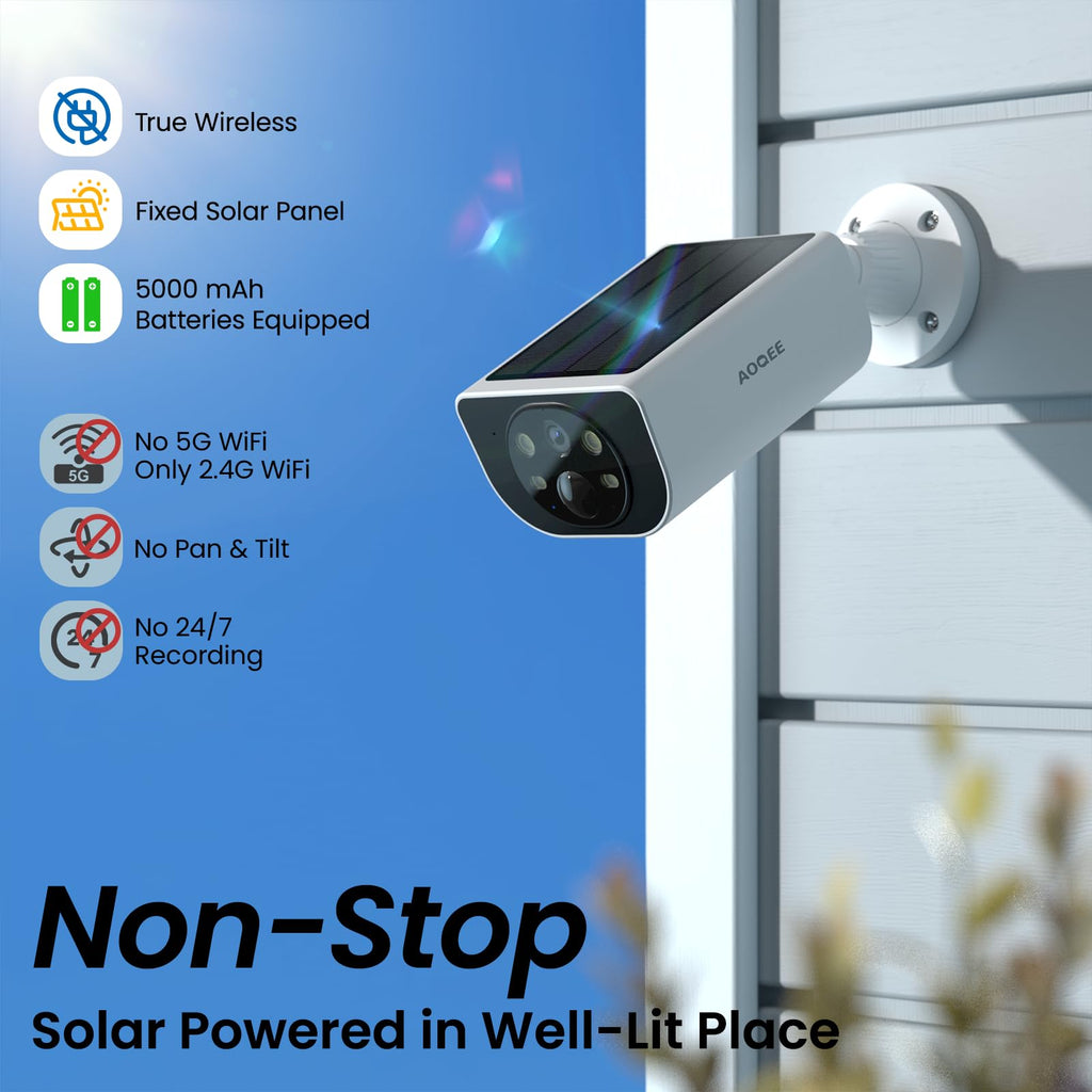 AOQEE Camera Surveillance WiFi Exterieure sans Fil - 2K Camera Exterieur Batterie Panneau Solaire intégré, Étanche IP65, PIR détection, Détection Humaine AI, Vision Nocturne Couleur, Compatible Alexa