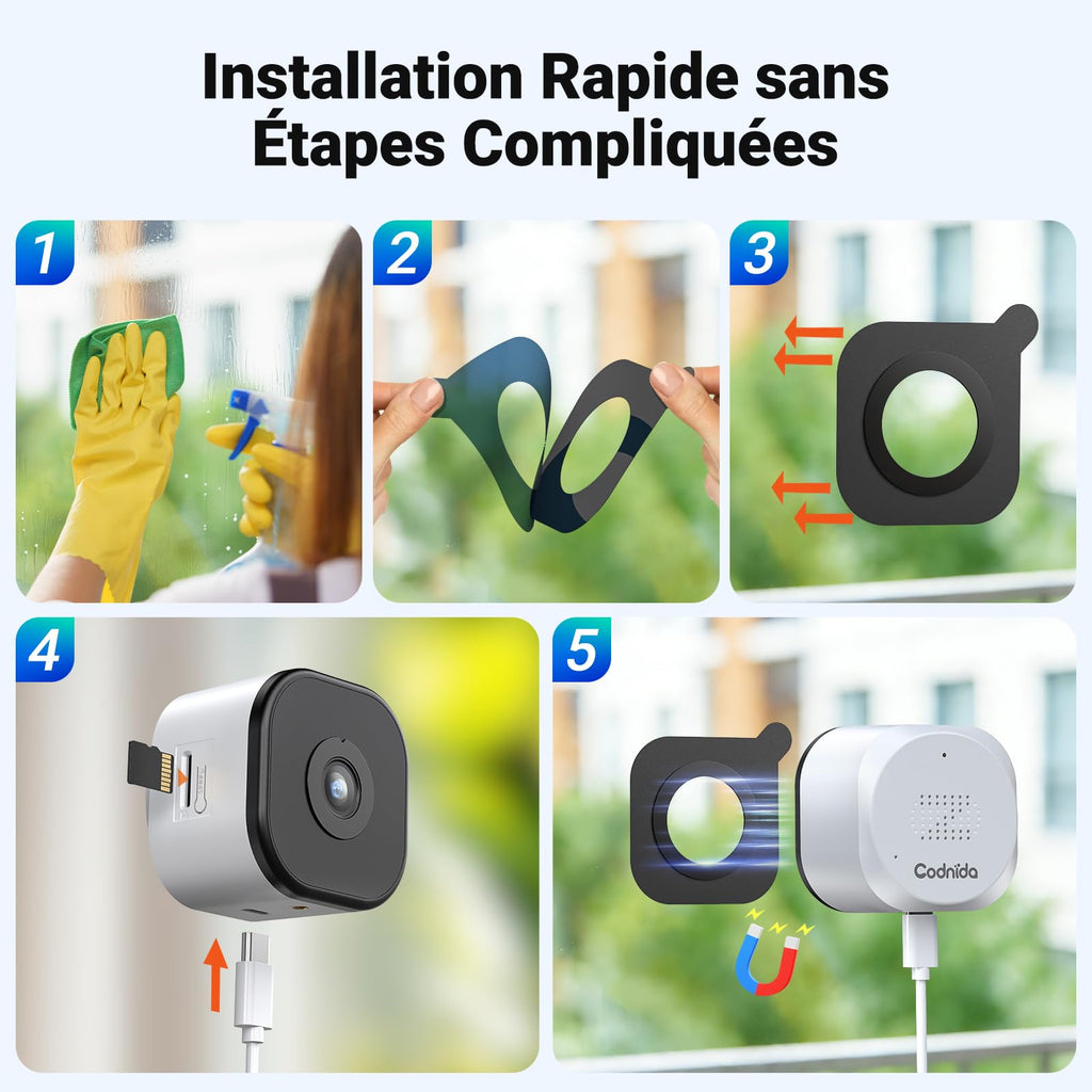 Camera Magnétique pour Fenêtre 2K Sans Perçage, Caméra de Surveillance Wi-Fi 2,4 et 5 GHz pour l'intérieur avec Vision Nocturne Couleur Starlight, Détection des Personnes et Enregistrement 24h/24 et 7