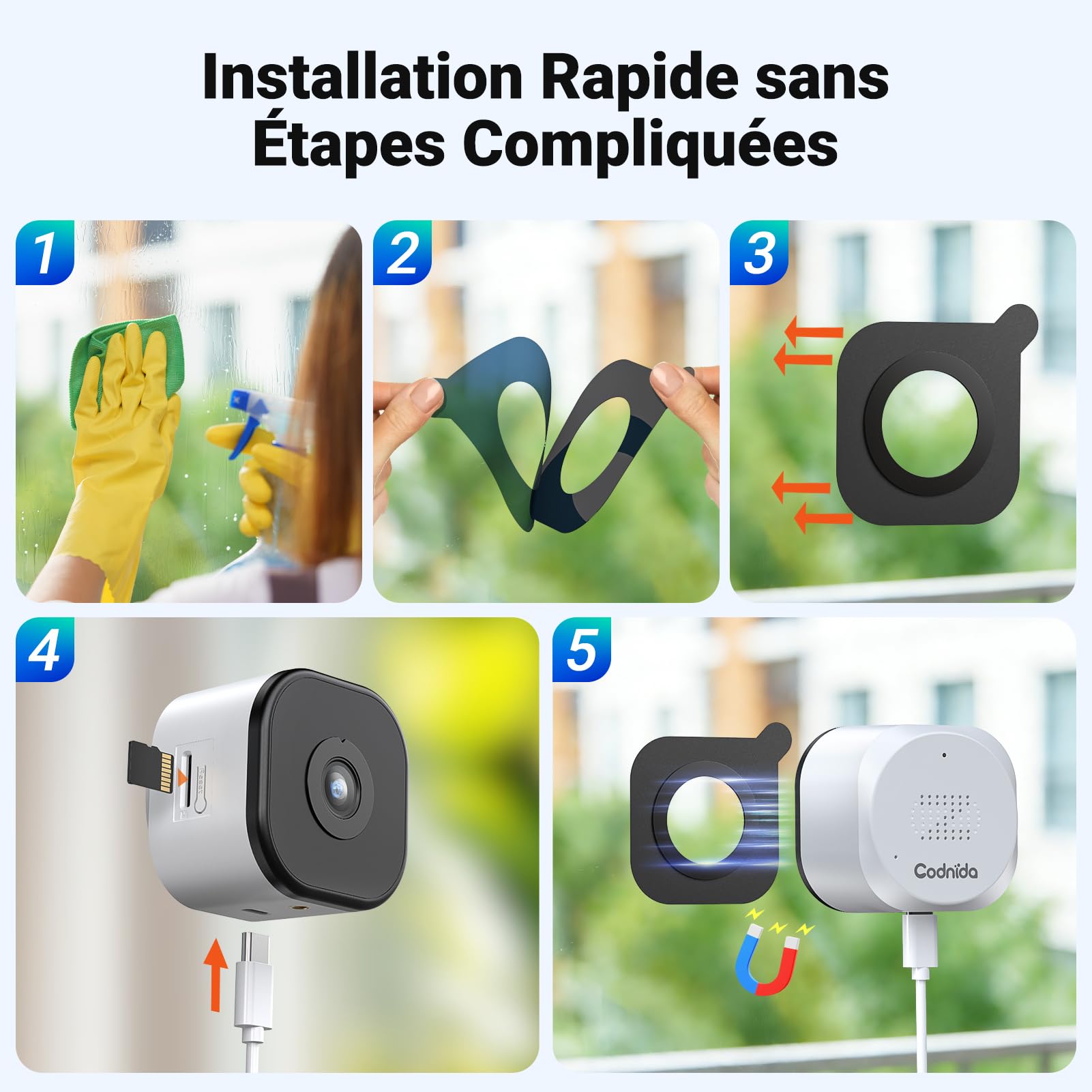 Camera Magnétique pour Fenêtre 2K Sans Perçage, Caméra de Surveillance Wi-Fi 2,4 et 5 GHz pour l'intérieur avec Vision Nocturne Couleur Starlight, Détection des Personnes et Enregistrement 24h/24 et 7