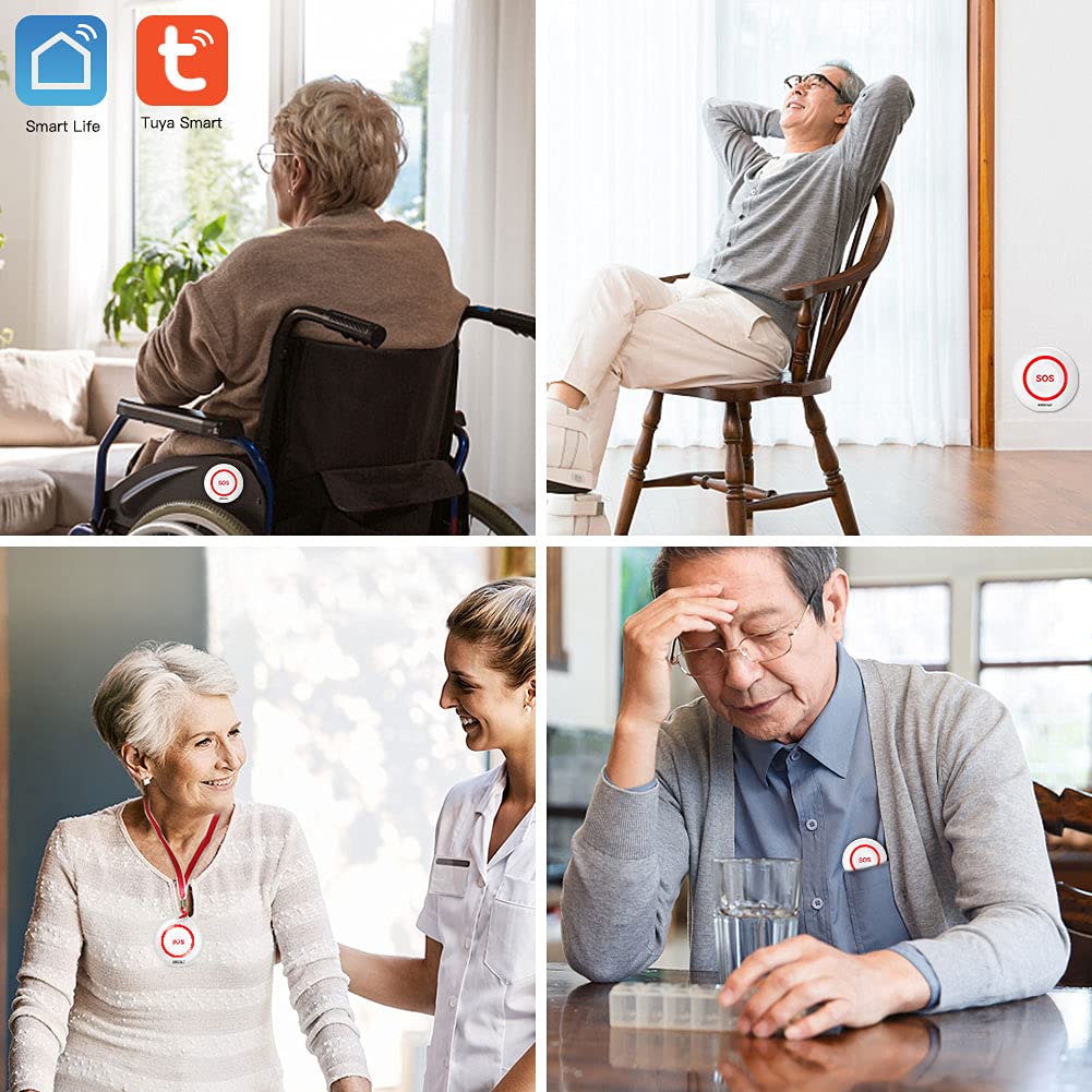 SINGCALL Tuya WiFi Smart Bouton d'urgence SOS, Alarme Personnelle pour Personnes Agées/Enfants/Patients,Téléavertisseur Rechargeable pour Aidants à Domicile,WiFi 2.4Ghz Uniquement, sans Abonnement