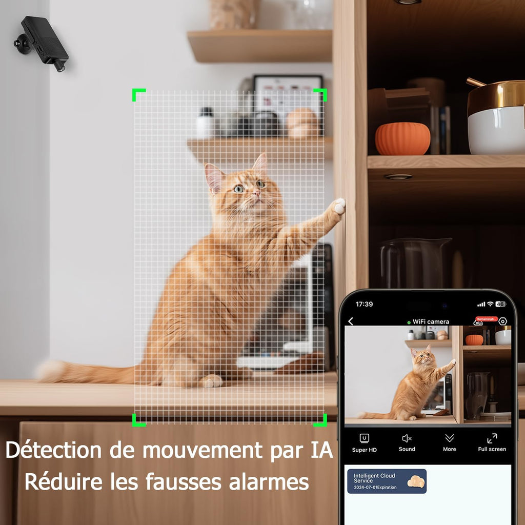 Digimore Mini Camera Espion sans Fil, WiFi Camera Surveillance 10h Enregistrement Continu, Stockage Cloud Gratuit, Batterie 3000Mah, Détection Mouvement & Vision Nocturne, Intérieur/Extérieur