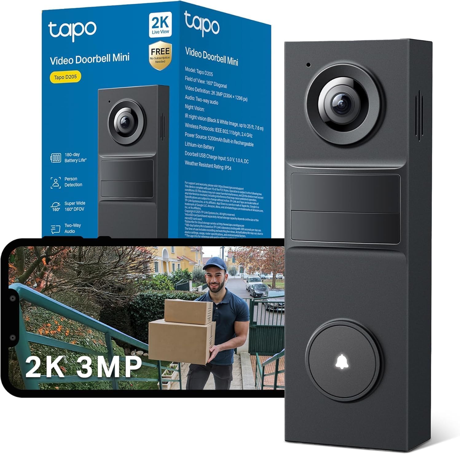 Tapo D205 Sonnette sans fil avec caméra exterieur 2K 3MP, IP54 étanche, Grand angle 160°, Vision Nocturne, Détection Humaine AI gratuite, Audio Bidirectionnel, autonomie 180j, Installation facile