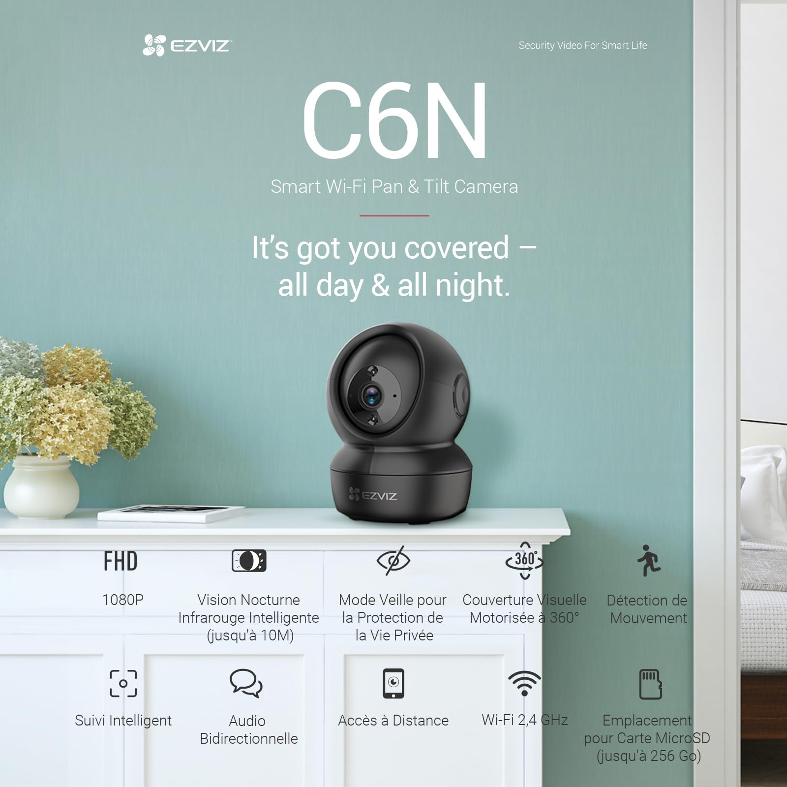 EZVIZ C6N Caméra Surveillance WiFi Intérieure 1080p, Caméra Bébé Pan/Tilt à 360°, WiFi 2.4Ghz, Vision Nocturne Intelligente avec Smart IR, Détection de Movement et Suivi Auto, Audio Bidirectionnel