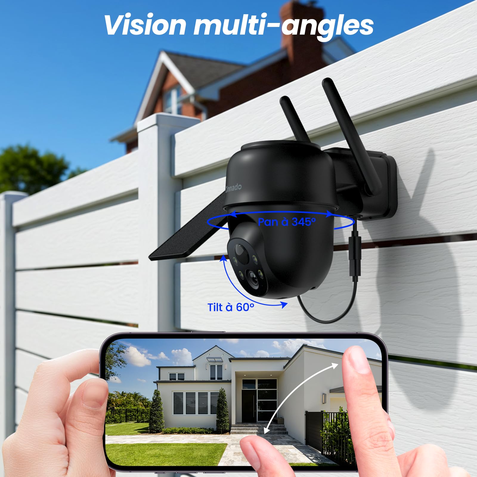 Cinnado Camera Surveillance WiFi Exterieure sans Fil - 2K Camera Exterieur sans Fil avec Panneau Solaire, 360° PTZ, Alerte Instantanée PIR, Vision Nocturne Couleur, Audio Bidirectionnel, B6 (Noire)