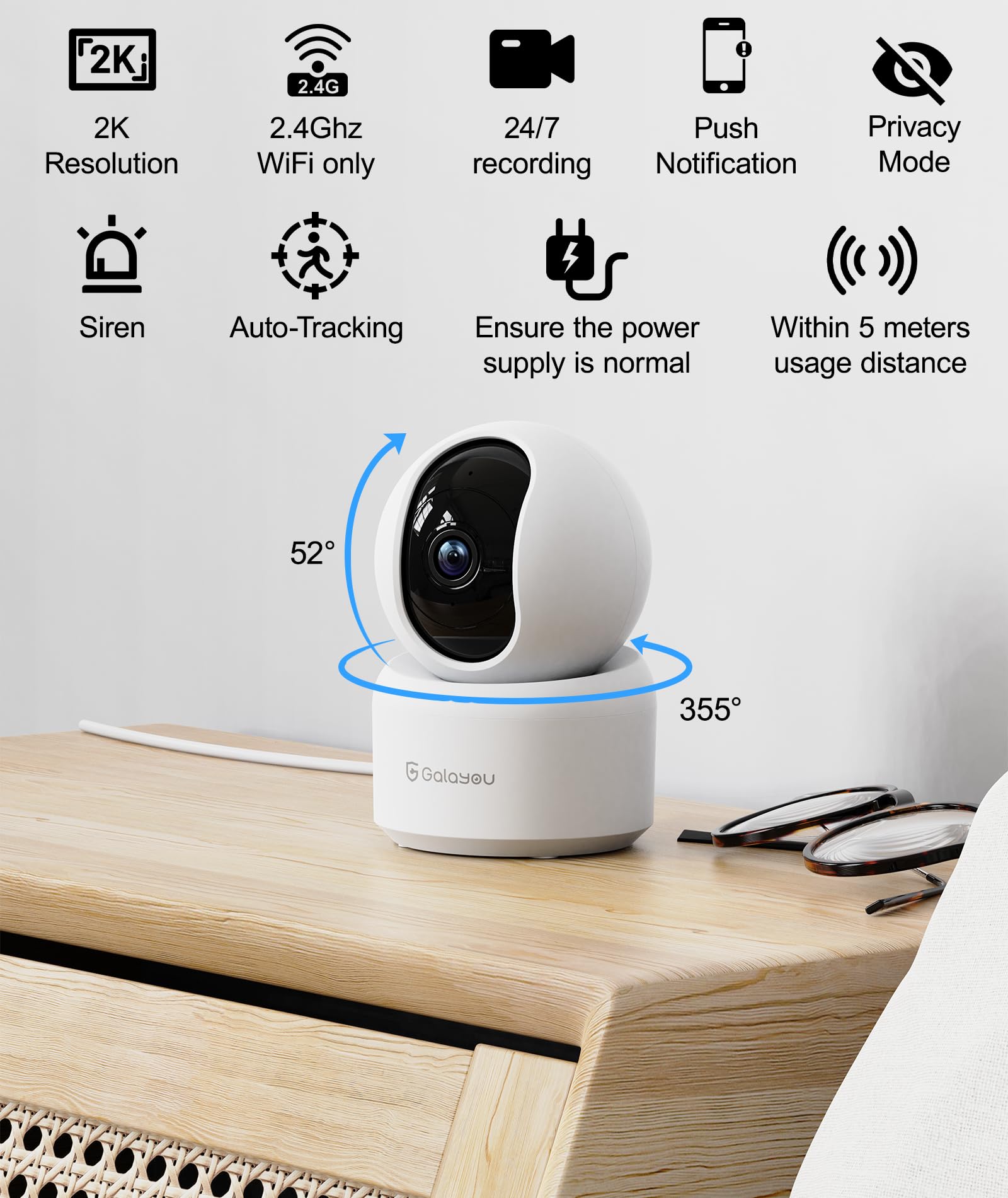 GALAYOU 2K(3MP) Camera Surveillance WiFi Intérieure - Caméra Interieur Maison 360°, Détection Humaine AI, Suivi Intelligent pour Bebe/Chien/Chat/Animaux, Alerte Instantanée G2 (Lot de 2)