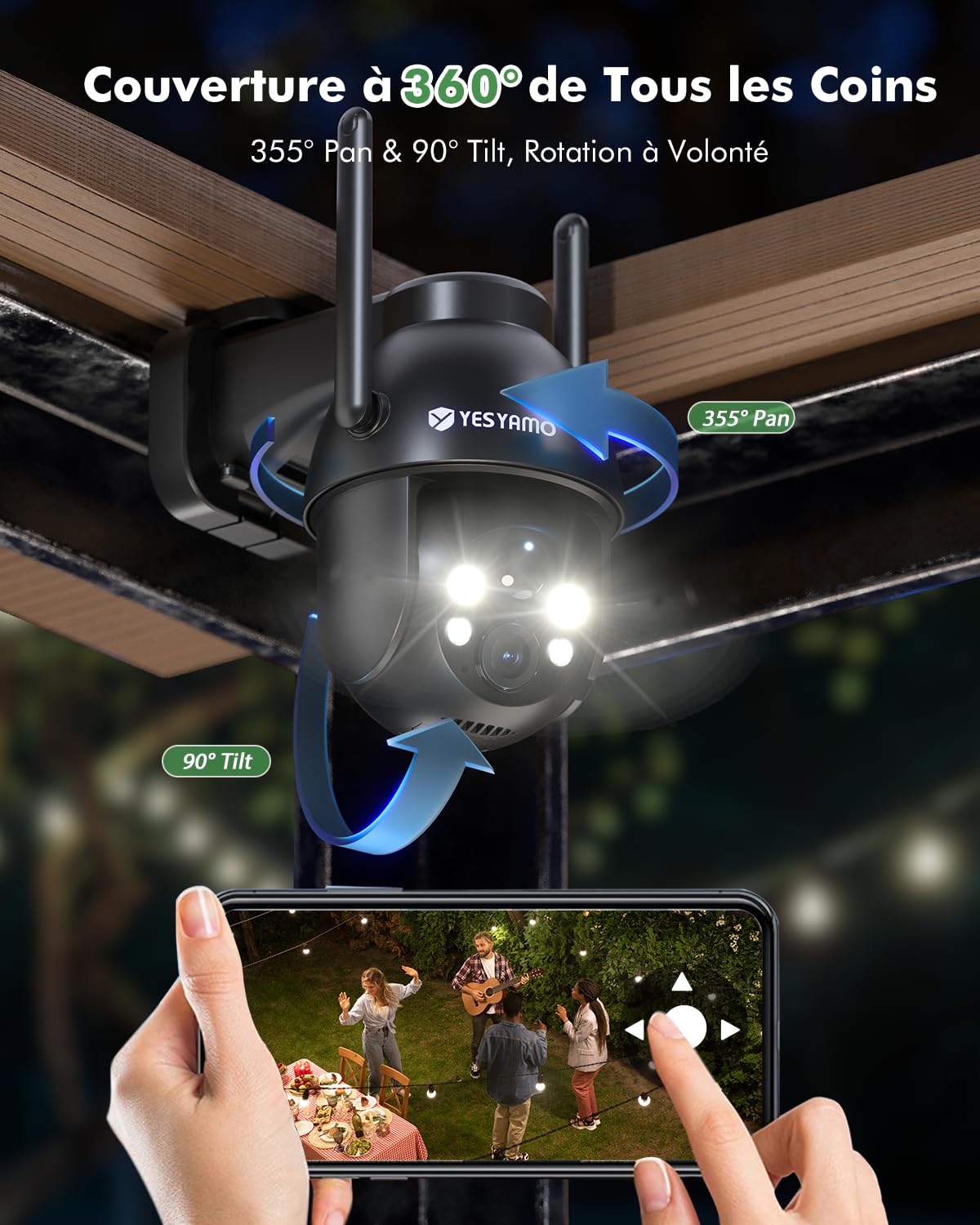YESYAMO 2K Camera Surveillance WiFi Exterieure sans Fil Solaire, 2.4GHz Camera Exterieur avec Panneau Solaire, 355° PTZ, Vision Nocturne Couleur, Audio Bidirectionnel, PIR Sirène (Noir)