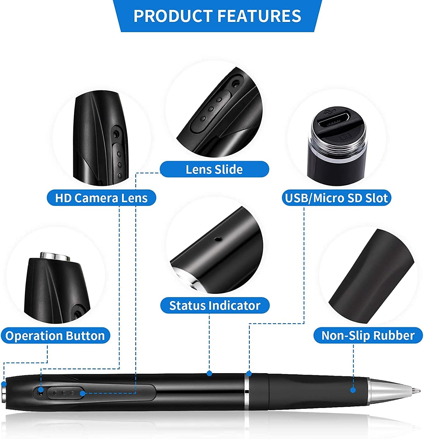 Caméra Espion Caméra Cachée Stylo 1080P Mini Caméra de Poche avec Go Caméra Stylo avec Enregistrement Vidéo Prise de Photo et 150 Mins d'Autonomie de la Batterie Rechargeable (A1-2)