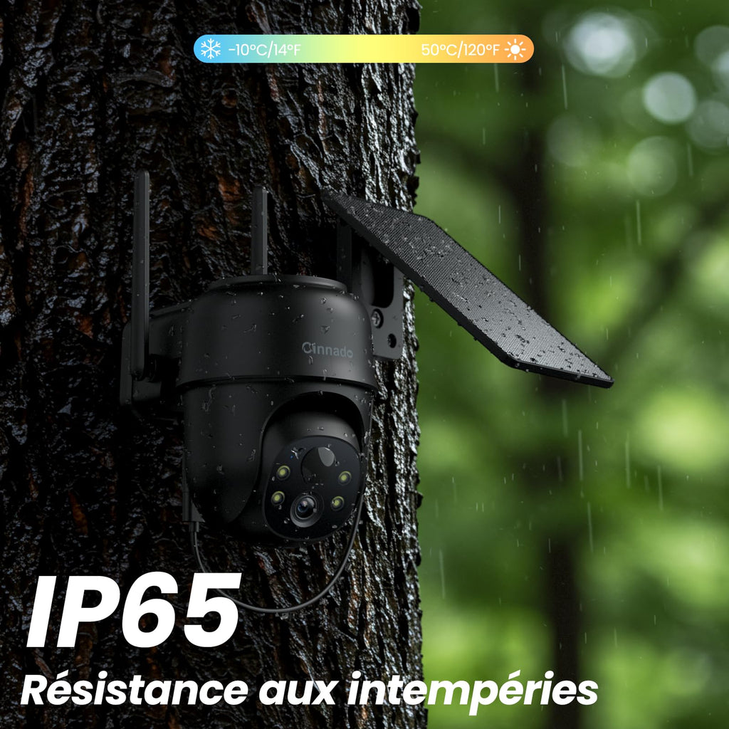 Cinnado Camera Surveillance WiFi Exterieure sans Fil - 2K Camera Exterieur sans Fil avec Panneau Solaire, 360° PTZ, Alerte Instantanée PIR, Vision Nocturne Couleur, Audio Bidirectionnel, B6 (Noire)