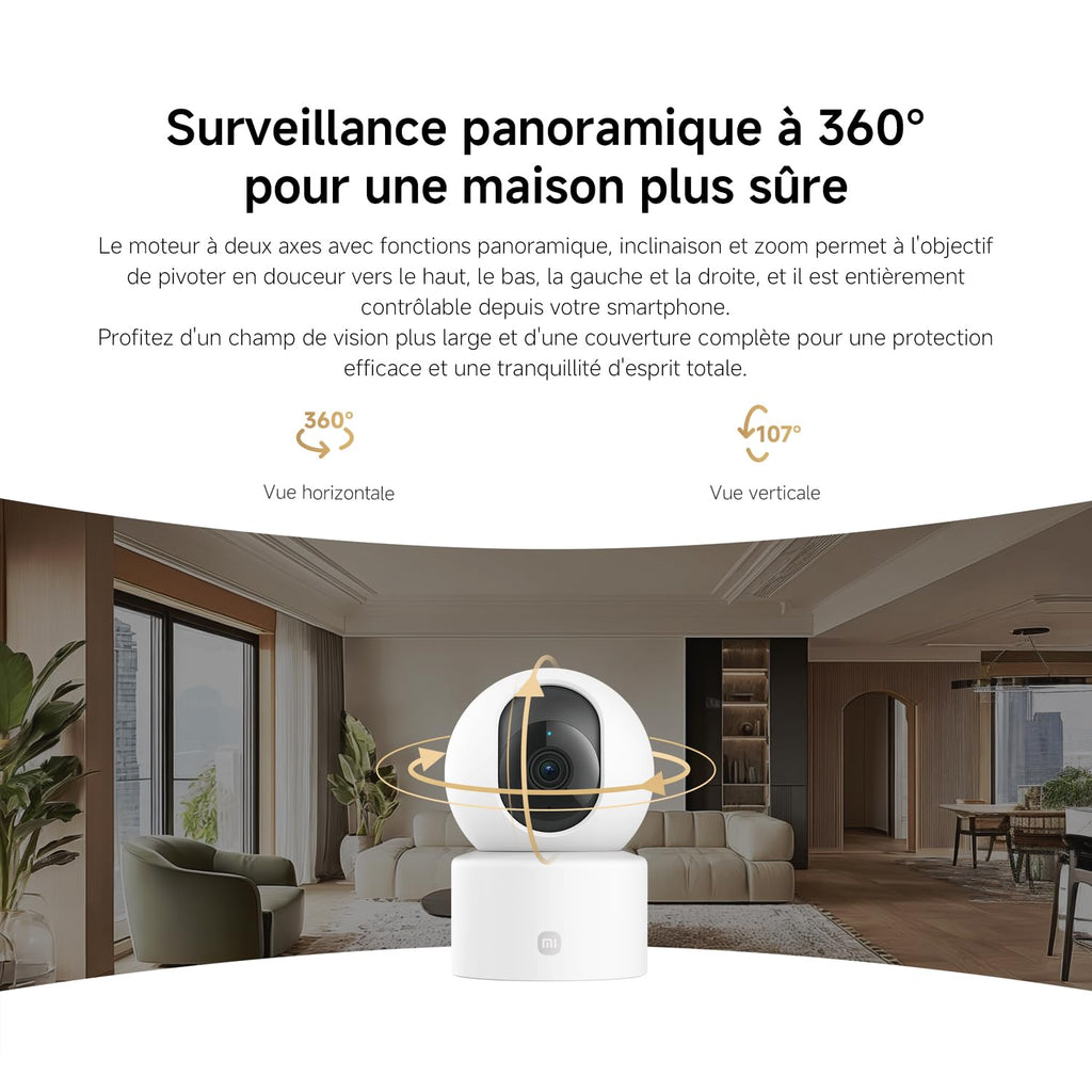XIAOMI C201 1080p HD, caméra de sécurité, WiFi 6, 360° Panorama, Vision Nocturne Couleur, Protection Objectif, Audio bidirectionnel, babyphone, caméra Animaux, Compatible avec Alexa et Google