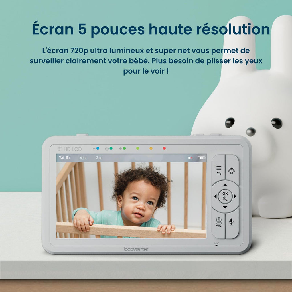 Babysense Moniteur HD Vidéo pour Bébé - Babyphone avec Écran Divisé 5“ et 2 Caméras 720p, Conversation Audio Bidirectionnel, Longue Portée, Veilleuse Réglable, Vision Nocturne, Berceuses