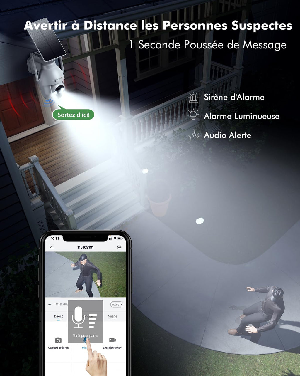 YESYAMO 2K Camera Surveillance WiFi Exterieure sans Fil Solaire, 2.4GHz Camera Exterieur avec Panneau Solaire, 355° PTZ, Vision Nocturne Couleur, Audio Bidirectionnel, PIR Sirène (Noir)