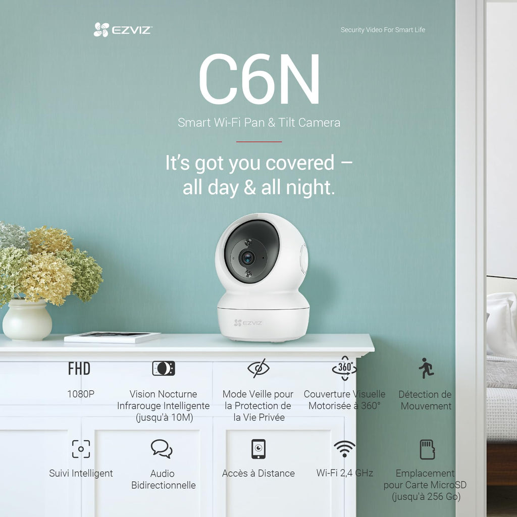 EZVIZ C6N Caméra Surveillance WiFi Intérieure 1080p, Caméra Bébé Pan/Tilt à 360°, WiFi 2.4Ghz, Vision Nocturne Intelligente avec Smart IR, Détection de Movement et Suivi Auto, Audio Bidirectionnel