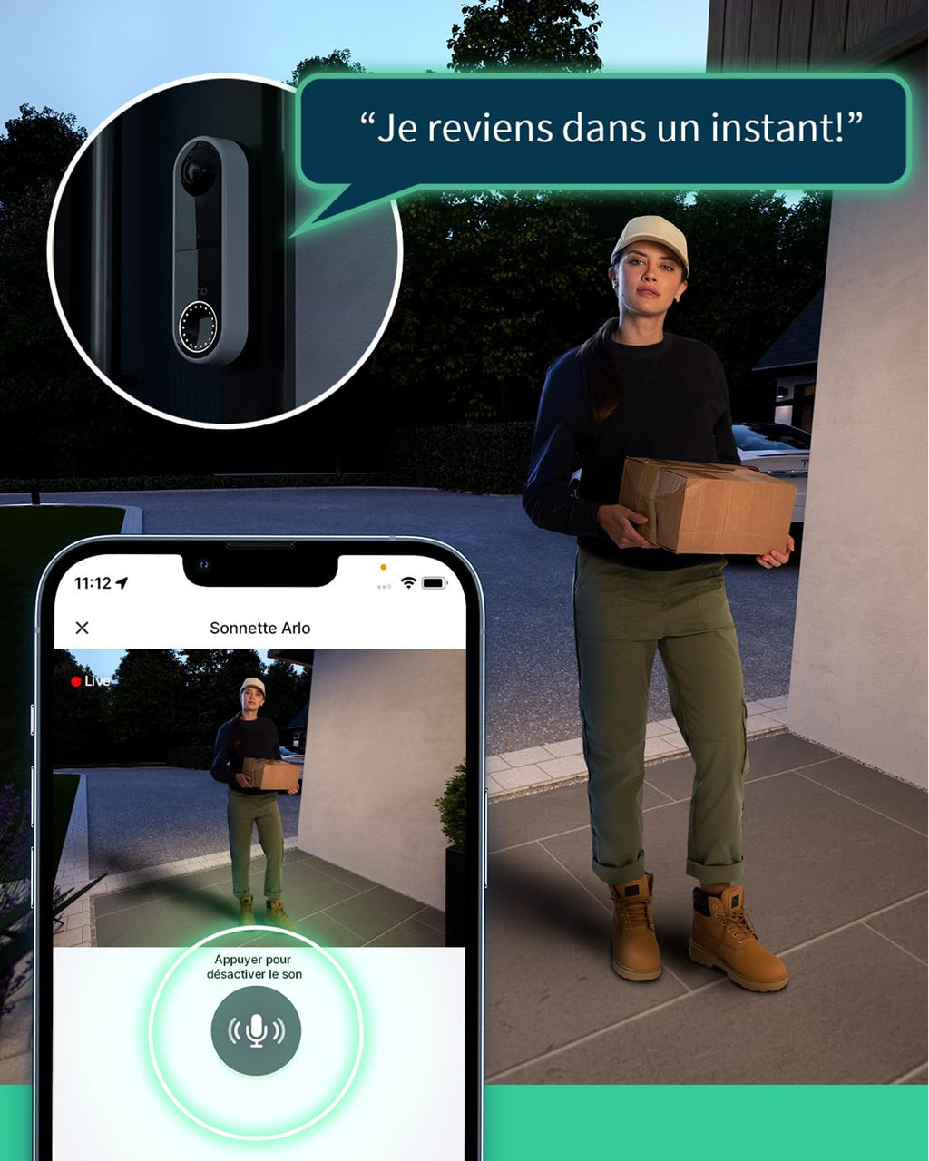 ARLO Sonnette Vidéo HD, Sonnette WiFi Extérieur Exterieure Sans Fil, Détection par IA, Vision Nocturne Couleur, Audio bidirectionnel, Compatible avec Alexa, Essai Secure Inclus