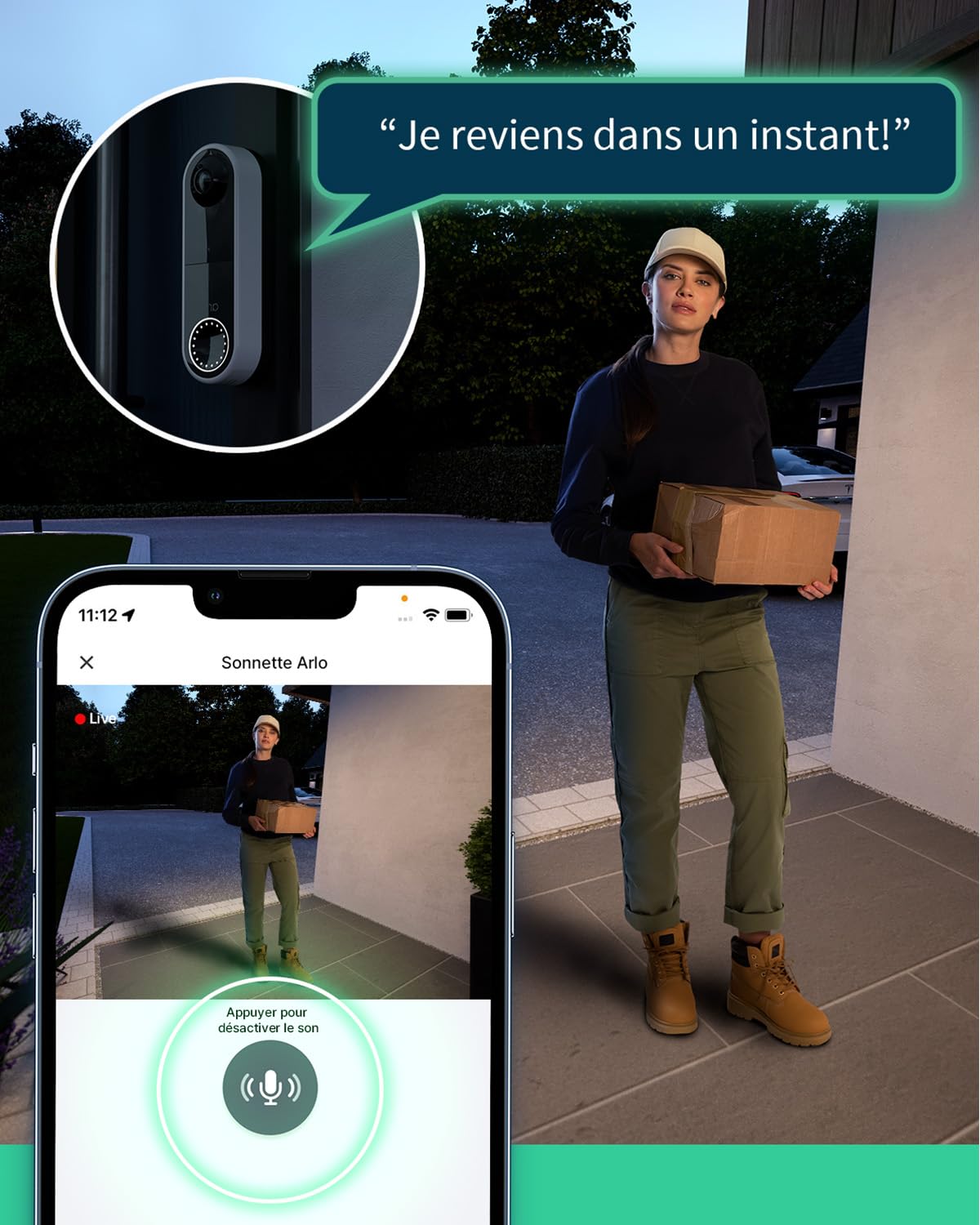 ARLO Sonnette Vidéo HD, Sonnette WiFi Extérieur Exterieure Sans Fil, Détection par IA, Vision Nocturne Couleur, Audio bidirectionnel, Compatible avec Alexa, Essai Secure Inclus