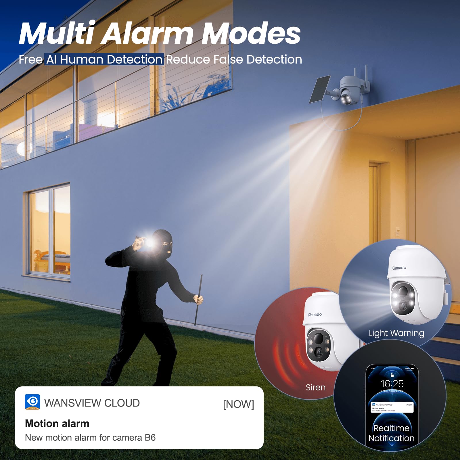 Cinnado Camera Surveillance WiFi Exterieure sans Fil - 2K Camera Exterieur sans Fil avec Panneau Solaire, 360° PTZ, Alerte Instantanée PIR, Vision Nocturne Couleur, Audio Bidirectionnel, B6 (Noire)