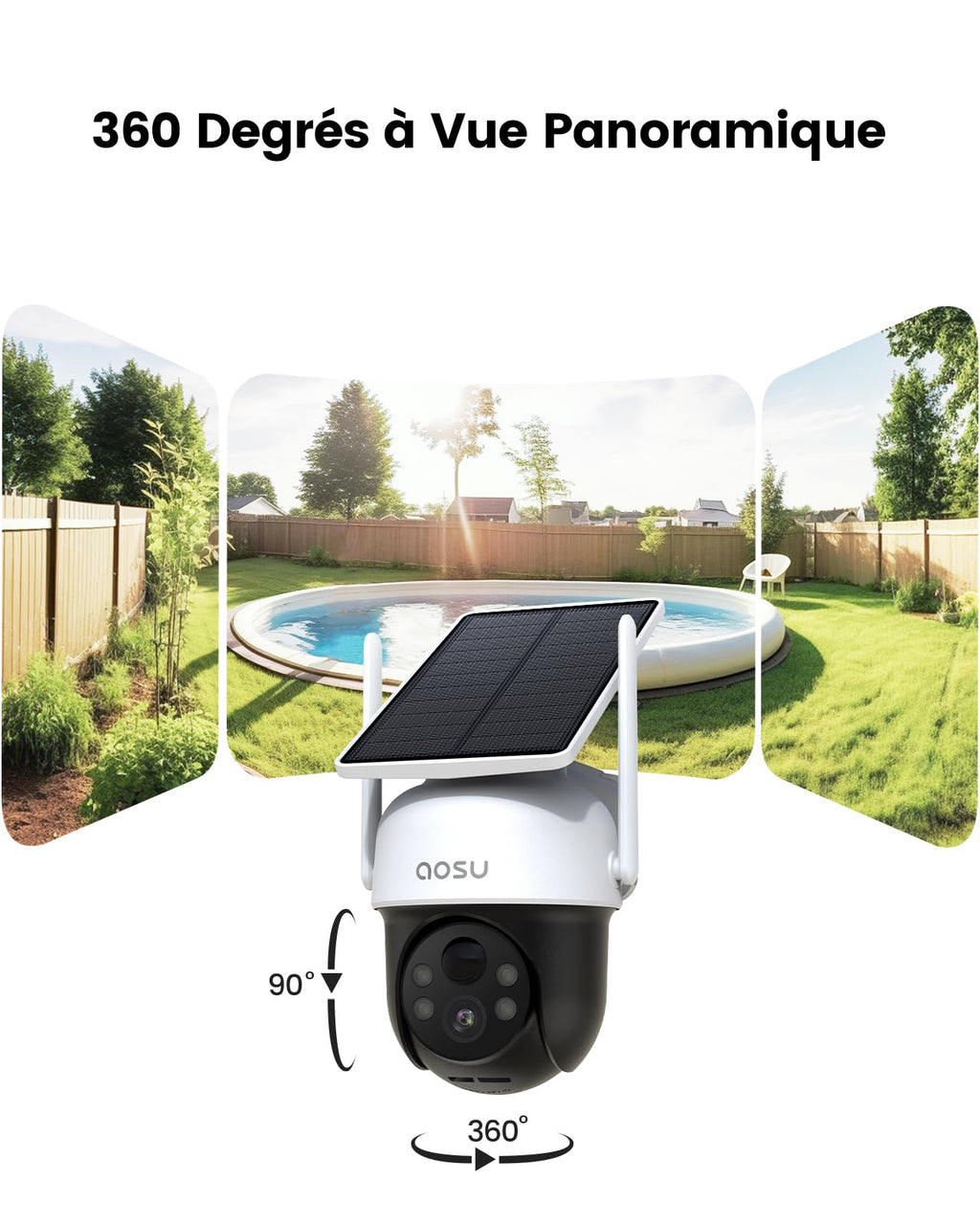 aosu 2K Camera Surveillance WiFi Exterieure sans Fil Camera Solaire WiFi Exterieur, 3MP 360°Panoramique PTZ, Suivi Automatique, Vision Vocturne, Alarme Lumineuse et Sonore, Audio Bidirectionnel