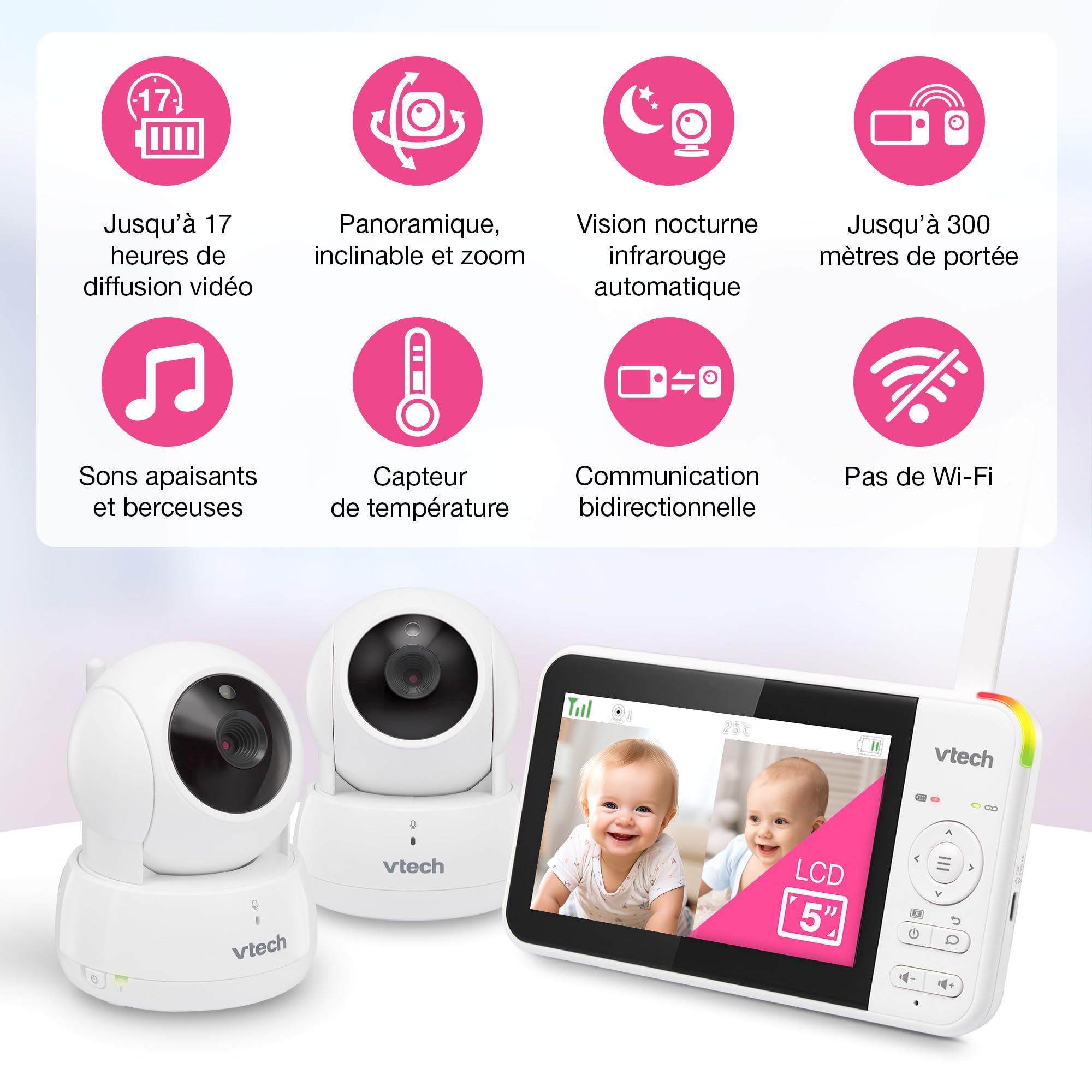 VTech VM924 Baby Monitor with Camera, Pan&Tilt,Video Baby Monitor with 5" LCD Screen,Up to 17 Hrs Battery Life,1.33x Zoom,Night Vision,300m Long Range,Soothing Sounds,2-Way Talk,Secured Transmission