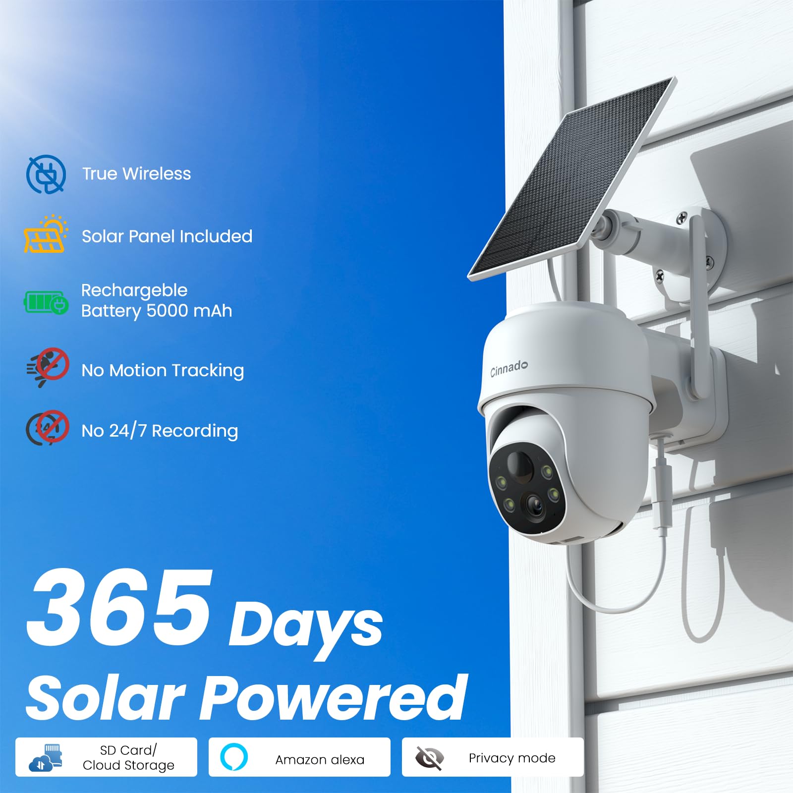 Cinnado Camera Surveillance WiFi Exterieure sans Fil - 2K Camera Exterieur sans Fil avec Panneau Solaire, 360° PTZ, Alerte Instantanée PIR, Vision Nocturne Couleur, Audio Bidirectionnel, B6 (Noire)