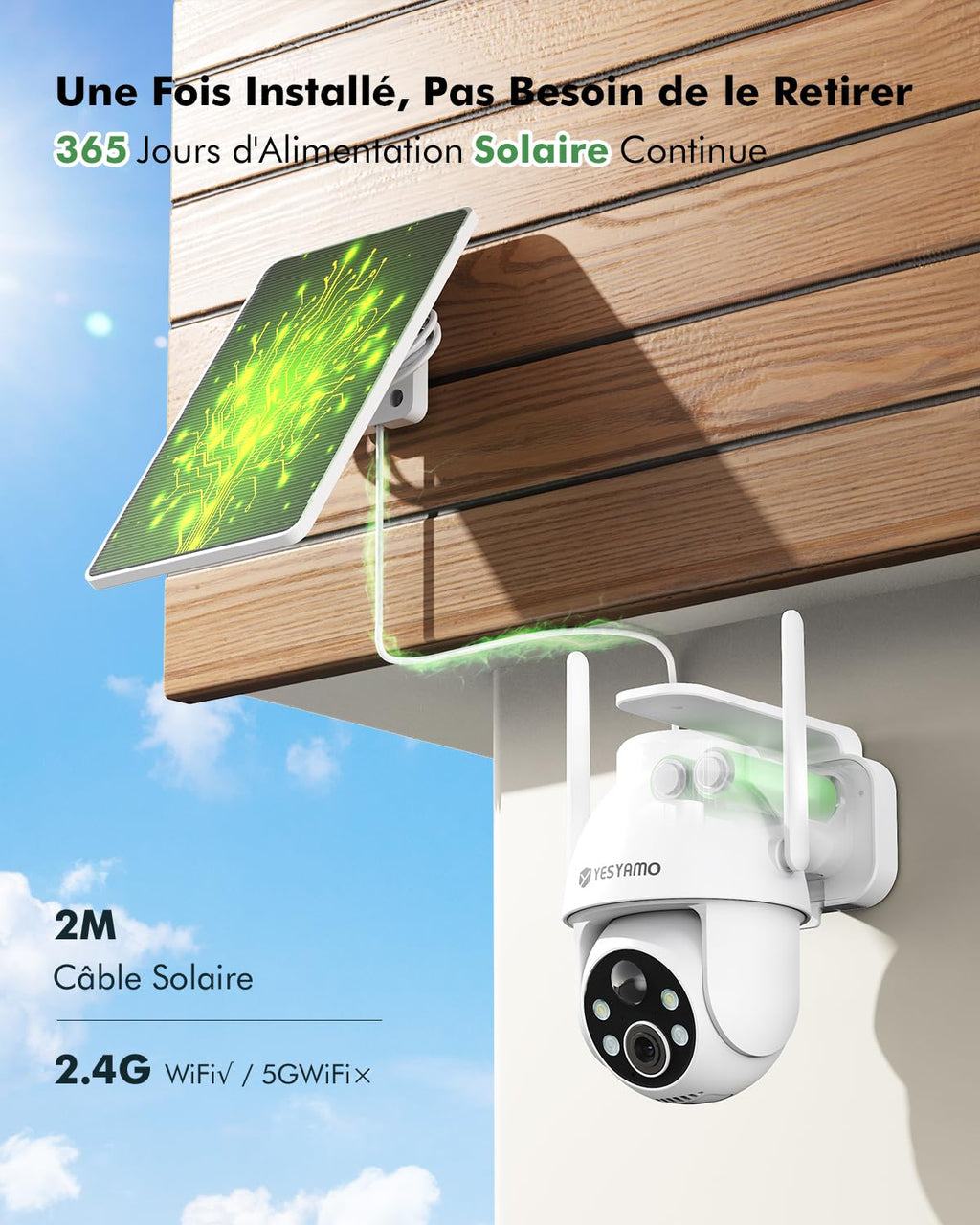 YESYAMO 2K Camera Surveillance WiFi Exterieure sans Fil Solaire, 2.4GHz Camera Exterieur avec Panneau Solaire, 355° PTZ, Vision Nocturne Couleur, Audio Bidirectionnel, PIR Sirène (Noir)