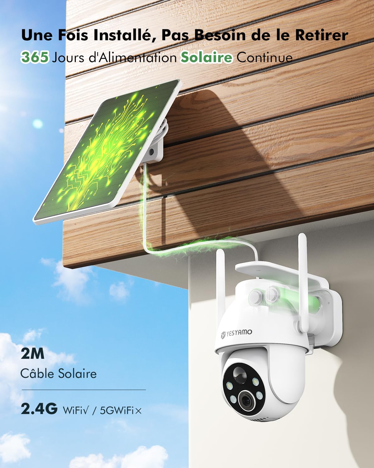 YESYAMO 2K Camera Surveillance WiFi Exterieure sans Fil Solaire, 2.4GHz Camera Exterieur avec Panneau Solaire, 355° PTZ, Vision Nocturne Couleur, Audio Bidirectionnel, PIR Sirène (Noir)