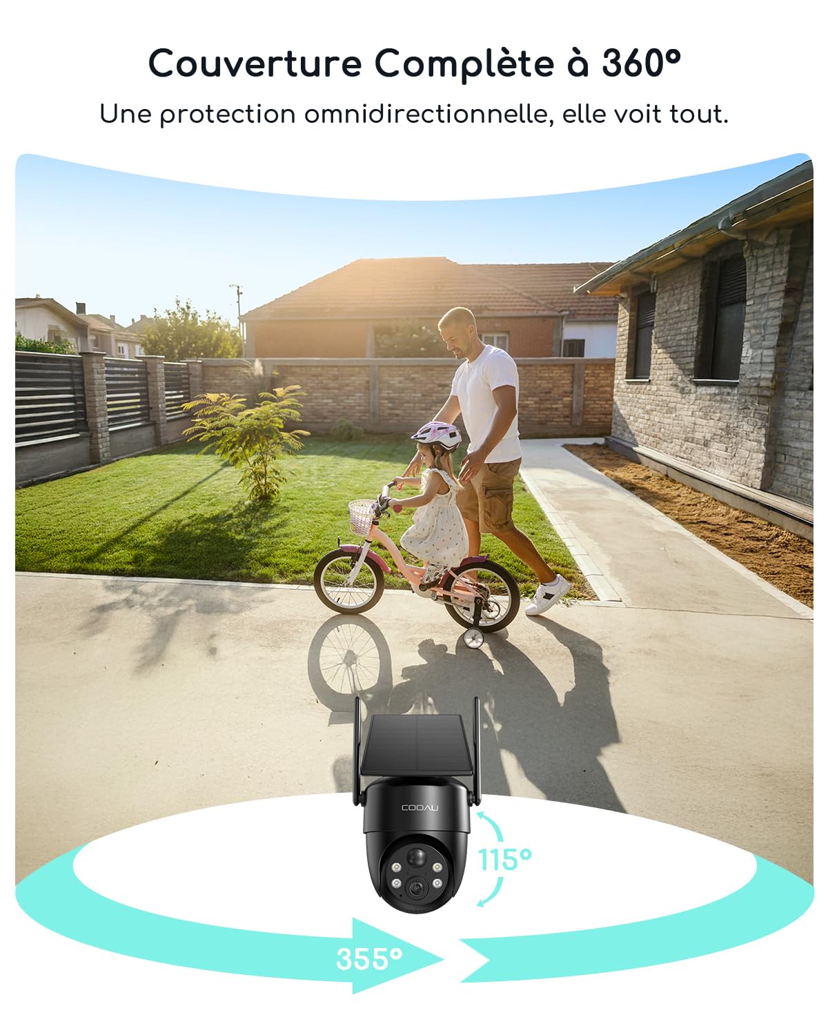COOAU 2K Camera Surveillance WiFi Exterieure sans Fil | Caméra Solaire 3MP 360° PTZ, Wi-FI 6, Détection PIR Intelligente, Alarme Anti-Intrusion, Installation Facile, Recharge Basse Luminosité, IP66