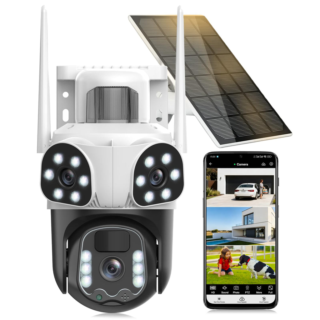 4K Camera Surveillance WiFi Exterieure sans Fil,à triple objectif/Camera Solaire/Batterie,2.4/5G WIFI,360° PTZ Sécurité à Domicile,Vision Vocturne,Alarme,Audio Bidirectionnel,Suivi Automatique,8MP HD