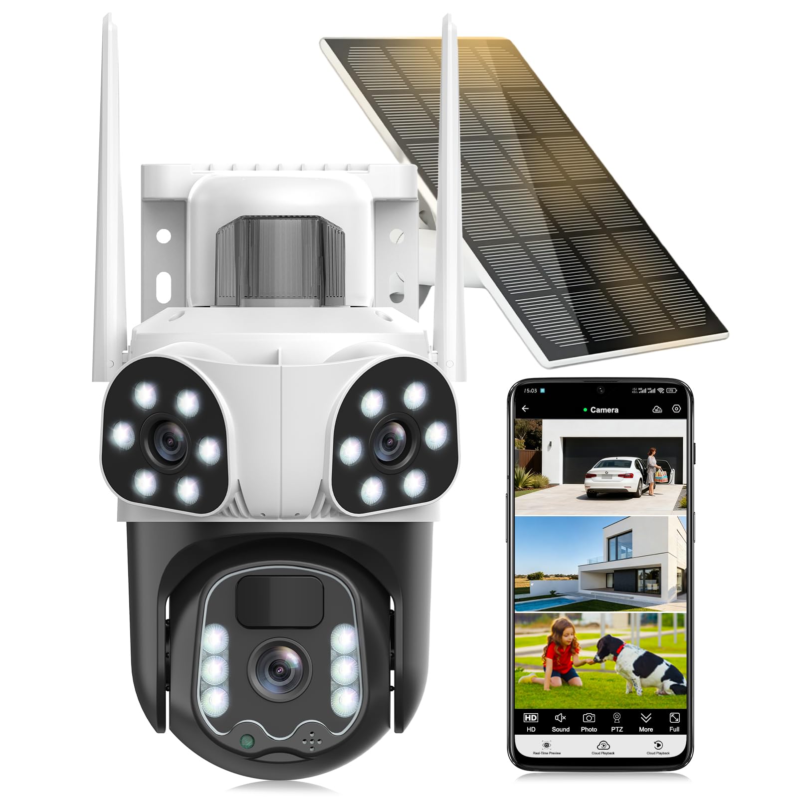 4K Camera Surveillance WiFi Exterieure sans Fil,à triple objectif/Camera Solaire/Batterie,2.4/5G WIFI,360° PTZ Sécurité à Domicile,Vision Vocturne,Alarme,Audio Bidirectionnel,Suivi Automatique,8MP HD