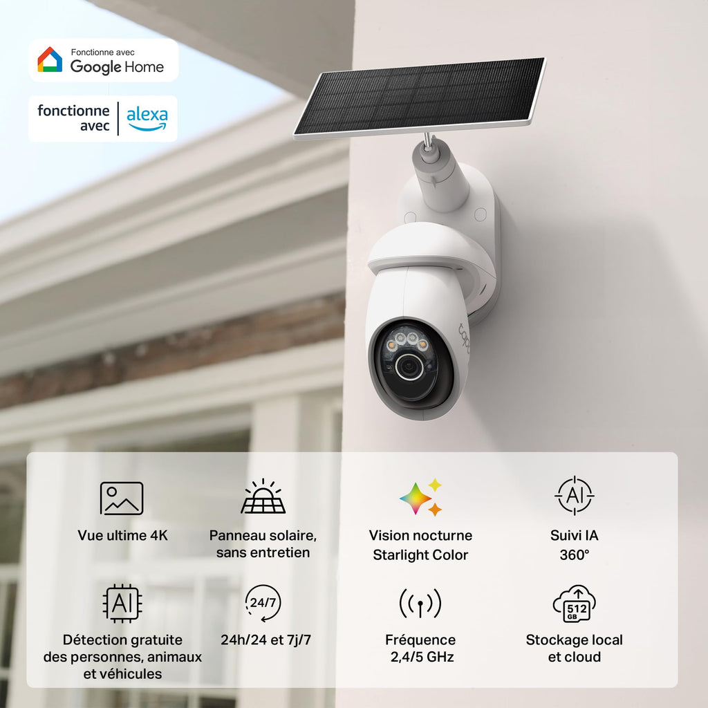 Tapo C660 Kit Caméra de Surveillance extérieure avec Panneau Solaire 4K 8MP, Vision 360°, Vision Nocturne Couleur Starlight, Batterie 10 000 mAh, détection IA, IP66, Alarme Rapide et antivol