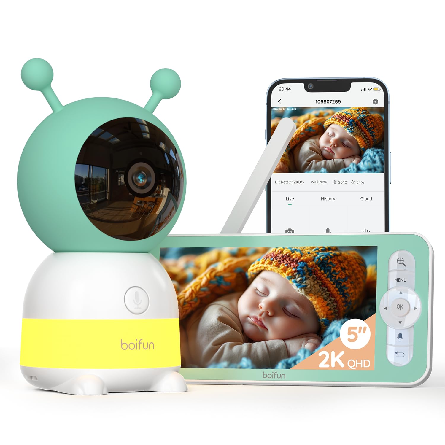 BOIFUN Babyphone Camera Bébé 2K, Baby Phone avec Caméra WiFi et Moniteur 5", Vision Nocturne Invisible, Veilleuse Bébé Colorée Réglable, Alerte Mouvements/Pleurs, Température, Zoom 4X, Rappel Biberon