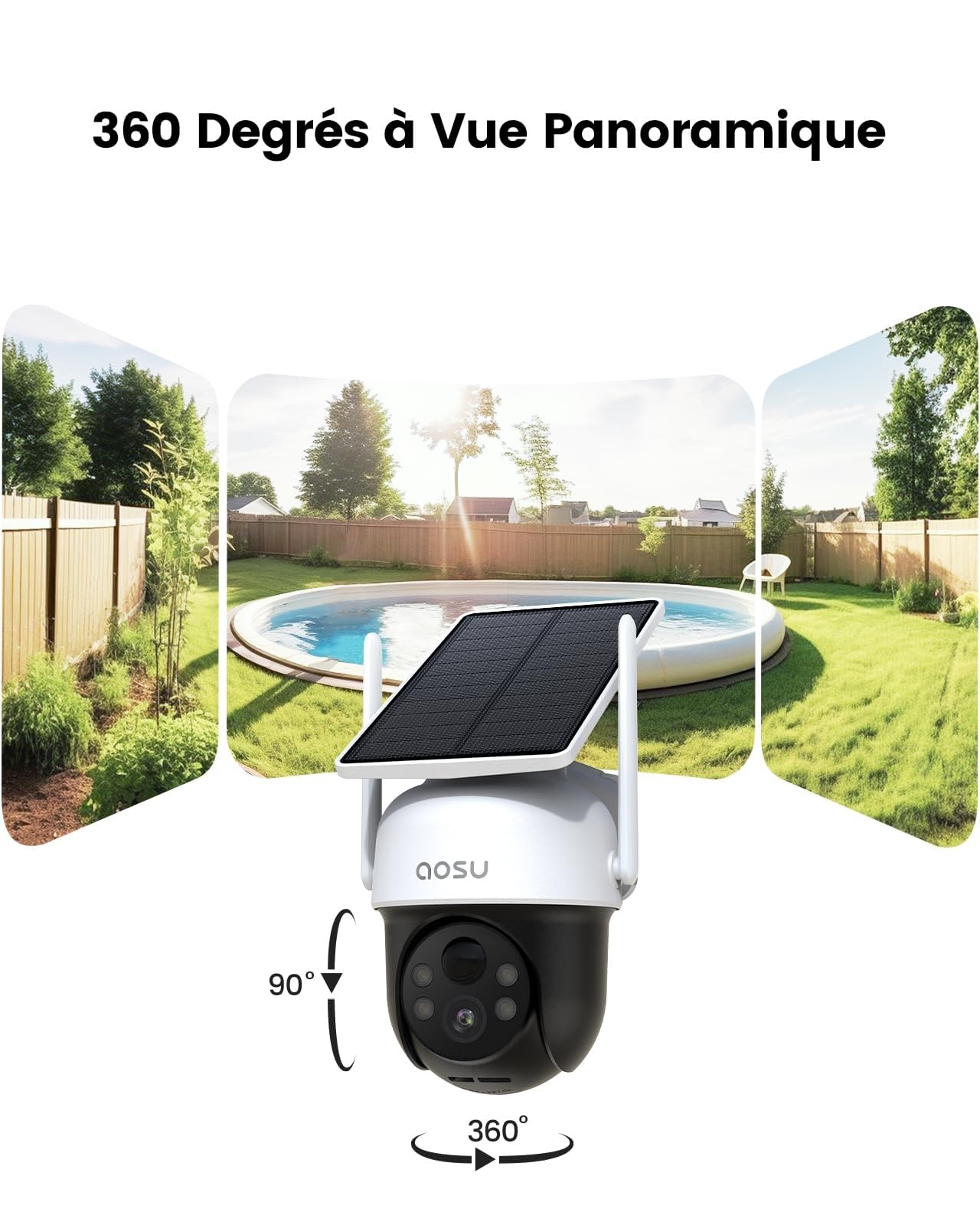 aosu 2K Camera Surveillance WiFi Exterieure sans Fil Camera Solaire WiFi Exterieur, 3MP 360°Panoramique PTZ, Suivi Automatique, Vision Vocturne, Alarme Lumineuse et Sonore, Audio Bidirectionnel