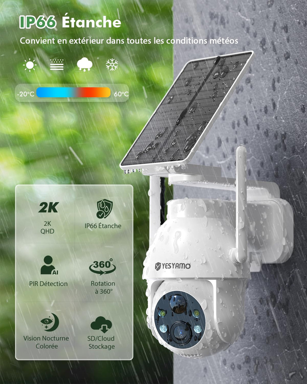 YESYAMO 2K Camera Surveillance WiFi Exterieure sans Fil Solaire, 2.4GHz Camera Exterieur avec Panneau Solaire, 355° PTZ, Vision Nocturne Couleur, Audio Bidirectionnel, PIR Sirène (Noir)