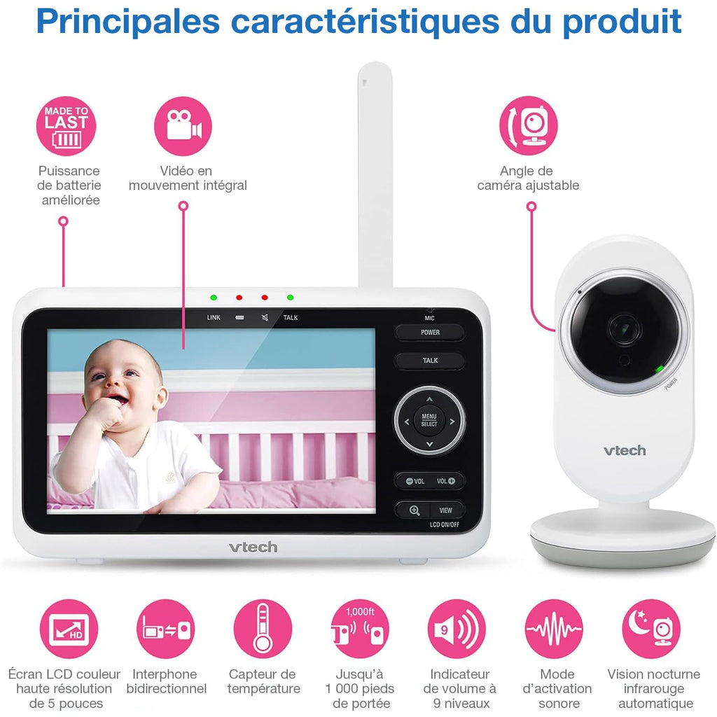 VTech DM1111 Babyphone Audio Numérique – Technologie DECT, Affichage du Niveau de Bruit, Clip Ceinture et Bien Plus – Unité Parentale et Unité Bébé