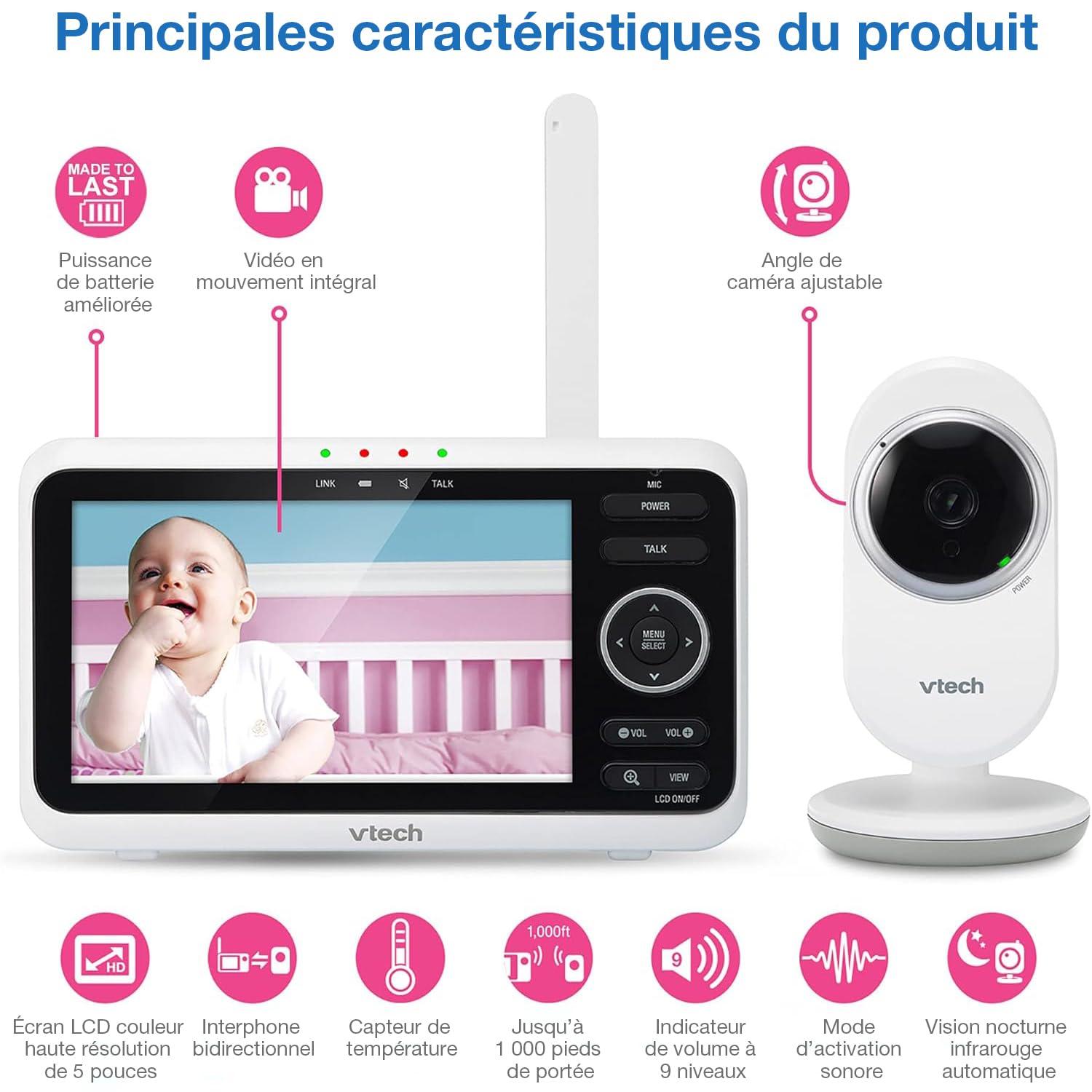 VTech DM1111 Babyphone Audio Numérique – Technologie DECT, Affichage du Niveau de Bruit, Clip Ceinture et Bien Plus – Unité Parentale et Unité Bébé