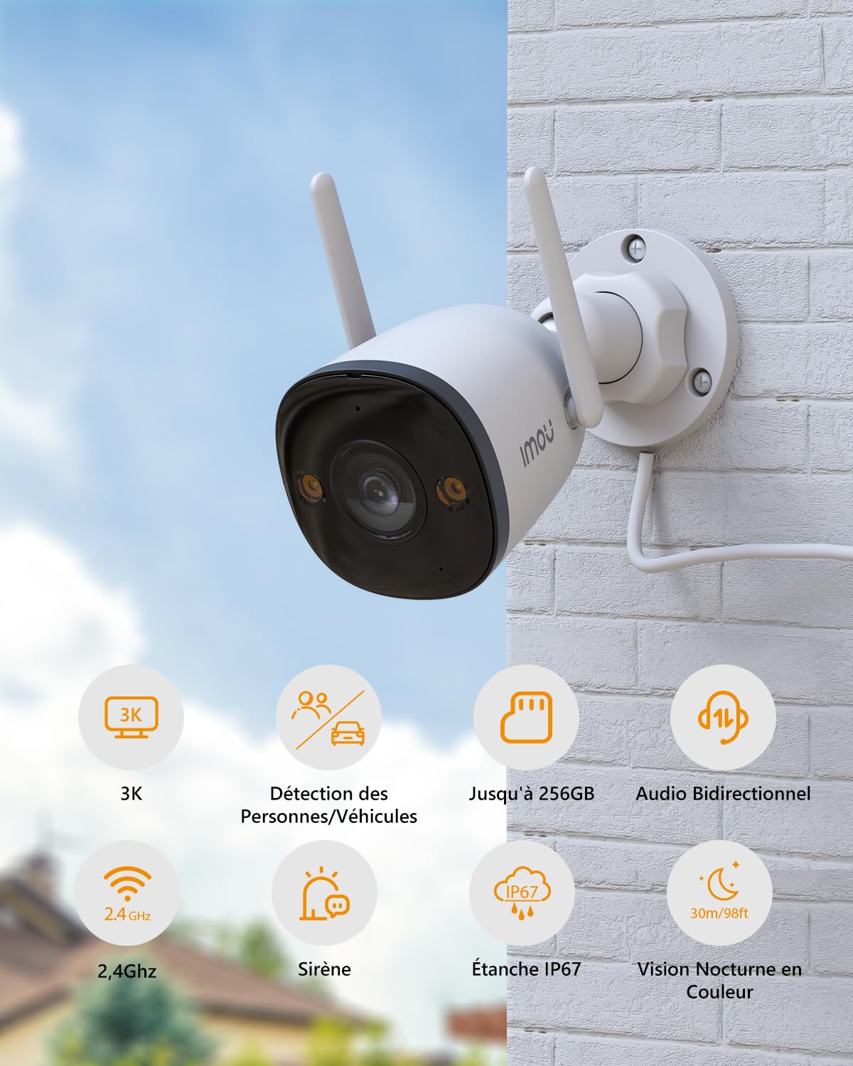 Imou Caméra de Surveillance WiFi Extérieure, 3K Caméra IP WiFi 2.4 GHz Étanche avec Vision Nocturne de 30m, Détection de Mouvement AI (Bullet 2C 5MP)