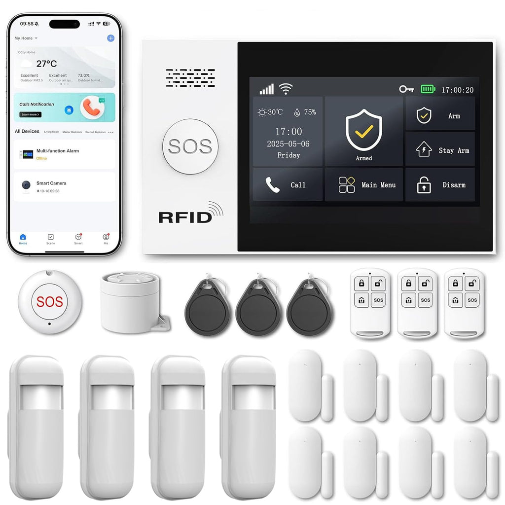 Alarme Maison sans Fil WiFi 4G sans Abonnement, Kit Alarme Maison Connectée 24 Pièces avec Écran Tactile 4,3", Sirène 120 DB, Détecteurs Mouvement et Porte/Fenêtre (Lot de 24 Articles)