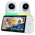 Babysense - Moniteur bébé Full HD écran partagé - Avec 2 caméras - Veilleuse en 6 couleurs - Bruit et machine à lumière - Batterie de 20 heures - Connexion sécurisée sans WiFi