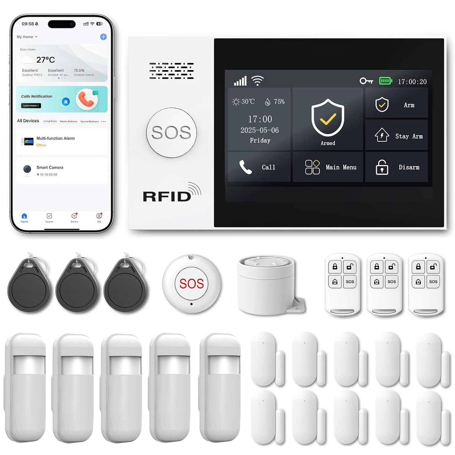 Alarme Maison sans Fil WiFi 4G sans Abonnement, Kit Alarme Maison Connectée 24 Pièces avec Écran Tactile 4,3", Sirène 120 DB, Détecteurs Mouvement et Porte/Fenêtre (Lot de 24 Articles)