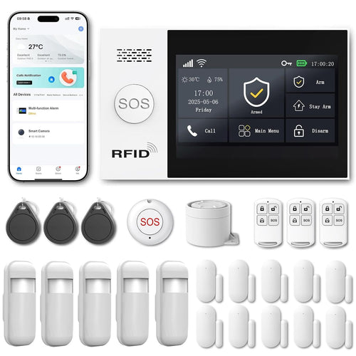 Alarme Maison sans Fil WiFi 4G sans Abonnement, Kit Alarme Maison Connectée 24 Pièces avec Écran Tactile 4,3", Sirène 120 DB, Détecteurs Mouvement et Porte/Fenêtre (Lot de 24 Articles)