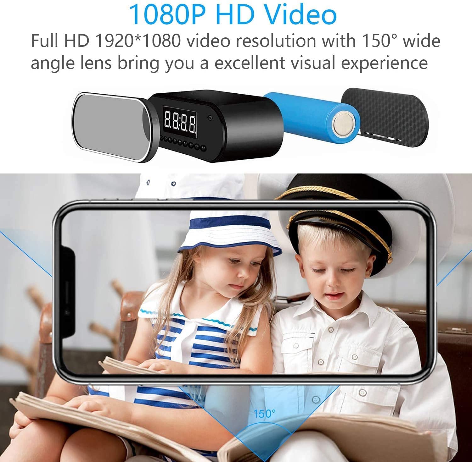 Camera Espion 1080P Mini Camera Surveillance WiFi -Interieur 150° HorlogeCaméra Cachée Espion a Distance Discrete Supportant la Vision Nocturne et la Détection de Mouvement (Noir)