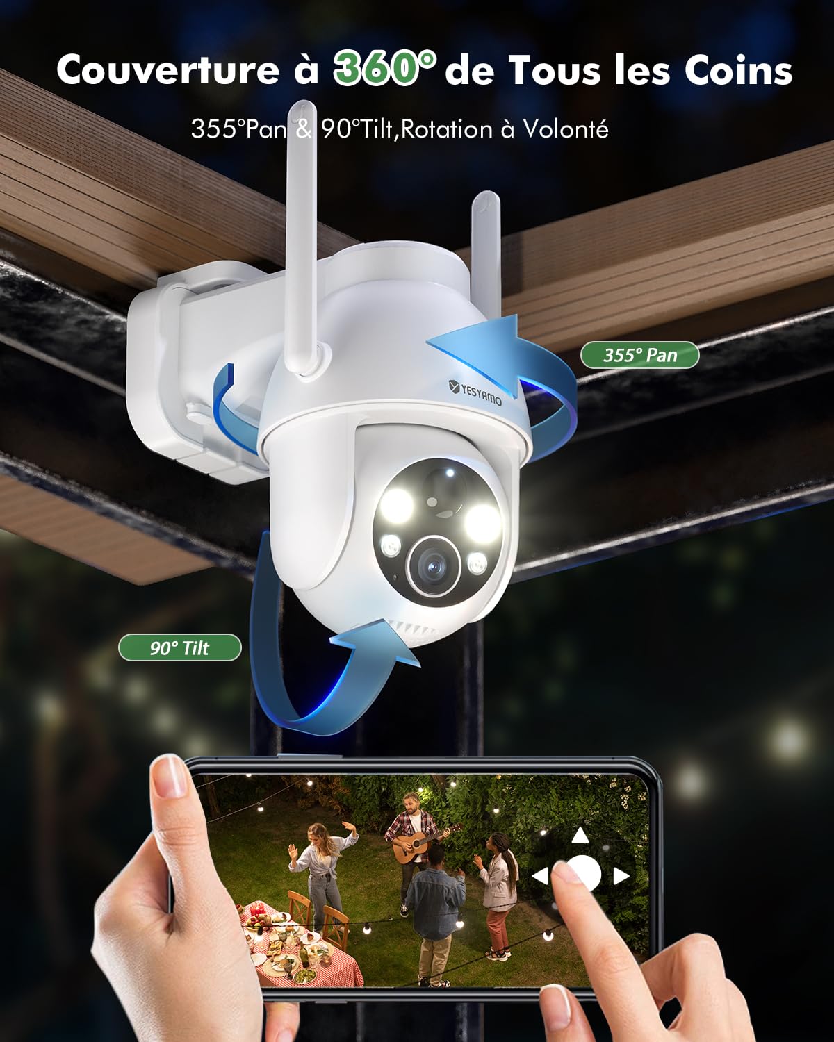 YESYAMO 2K Camera Surveillance WiFi Exterieure sans Fil Solaire, 2.4GHz Camera Exterieur avec Panneau Solaire, 355° PTZ, Vision Nocturne Couleur, Audio Bidirectionnel, PIR Sirène (Noir)