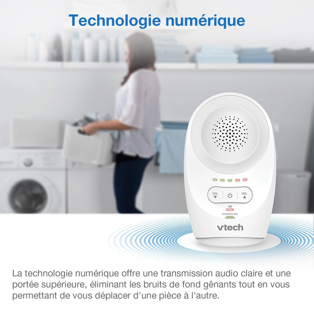 VTech DM1111 Babyphone Audio Numérique – Technologie DECT, Affichage du Niveau de Bruit, Clip Ceinture et Bien Plus – Unité Parentale et Unité Bébé