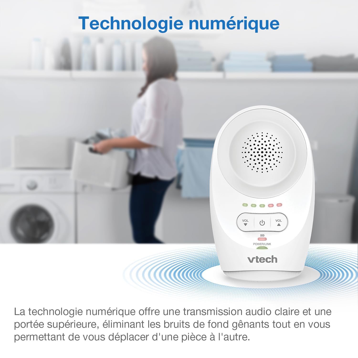 VTech DM1111 Babyphone Audio Numérique – Technologie DECT, Affichage du Niveau de Bruit, Clip Ceinture et Bien Plus – Unité Parentale et Unité Bébé