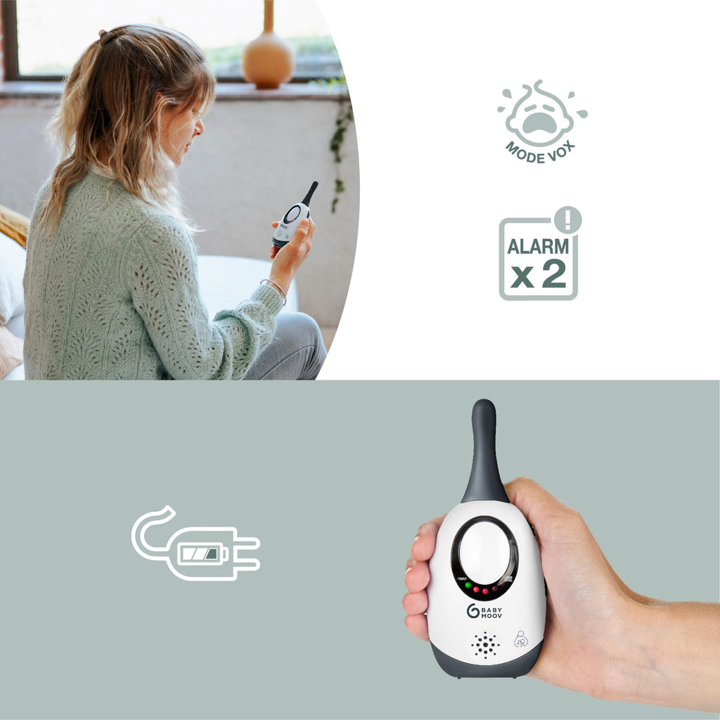 Babymoov Simply Care Babyphone Audio avec Fonction VOX, Double Alarme et 2 Adaptateurs, Portée 300m