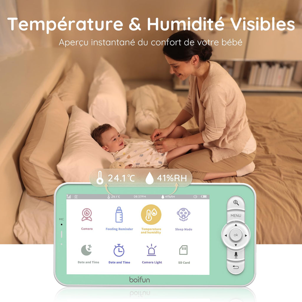 BOIFUN Babyphone Camera Bébé 2K, Baby Phone avec Caméra WiFi et Moniteur 5", Vision Nocturne Invisible, Veilleuse Bébé Colorée Réglable, Alerte Mouvements/Pleurs, Température, Zoom 4X, Rappel Biberon